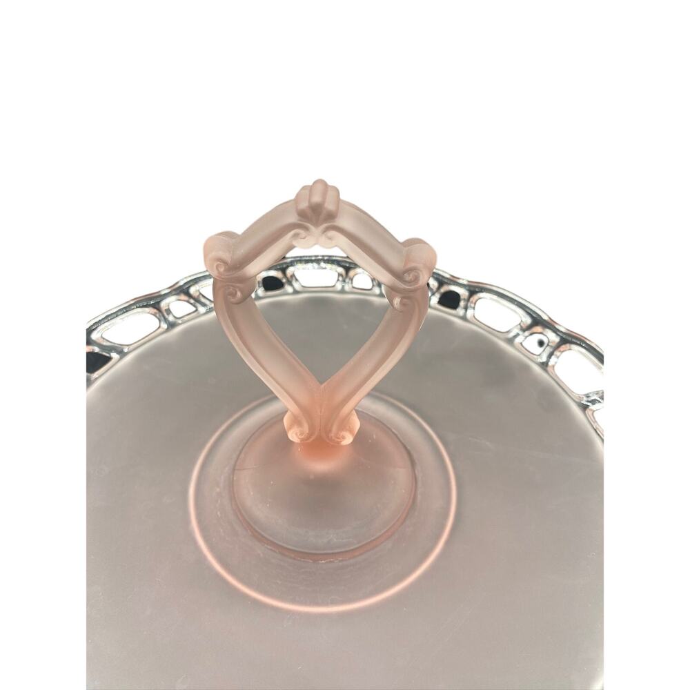 Vintage Pink Frosted Glass Serving Tray with Center Handle - Picture 3 of 4